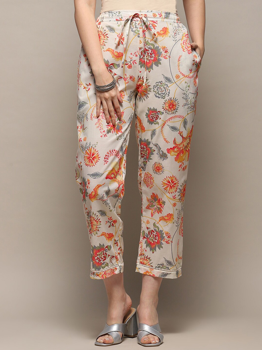 

Biba Women Floral Printed Straight Cotton Trouser, Off white