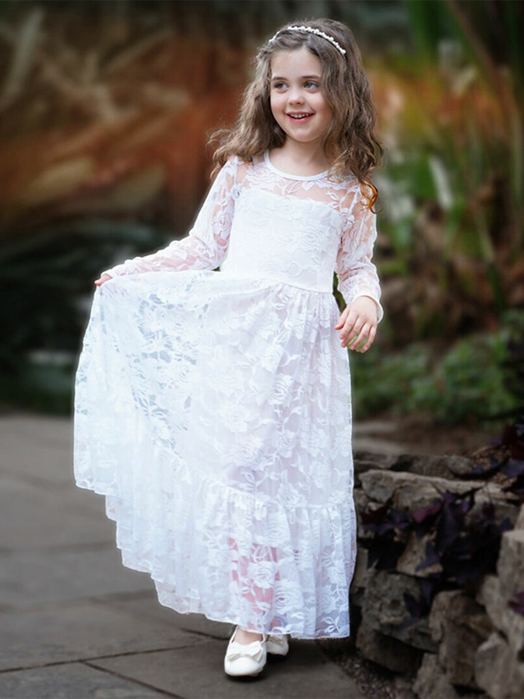 

INCLUD Girls Self Design Long Sleeves Fit & Flare Pleated Net Maxi Dress, White