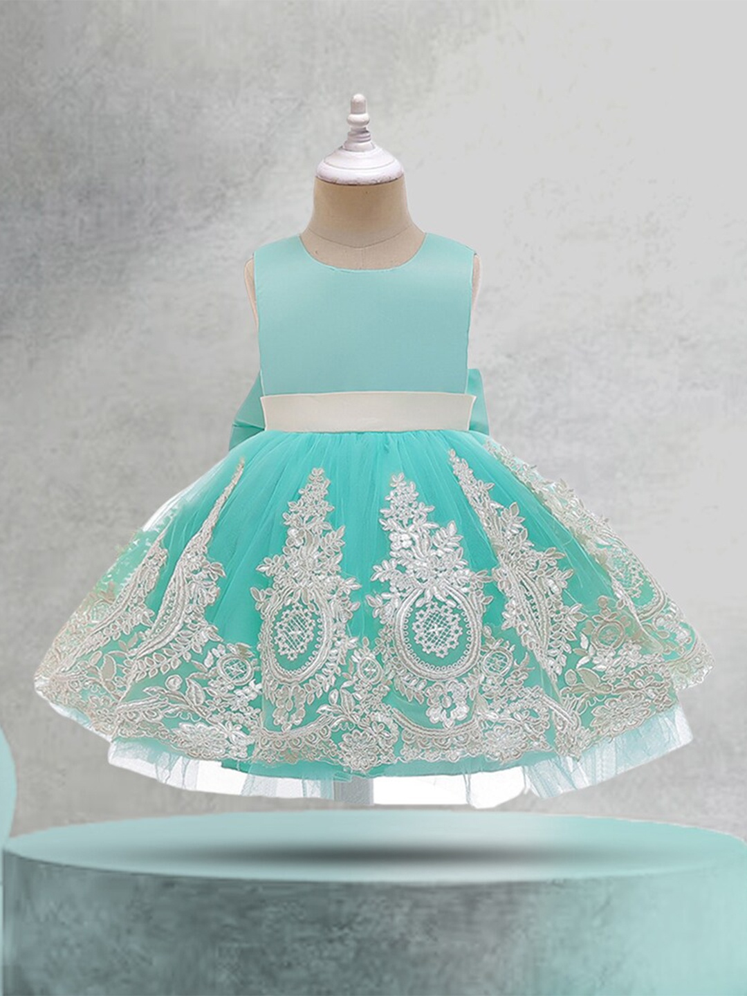 

INCLUD Girls Embroidered Round Neck Net Fit & Flare Dress With Headband, Blue