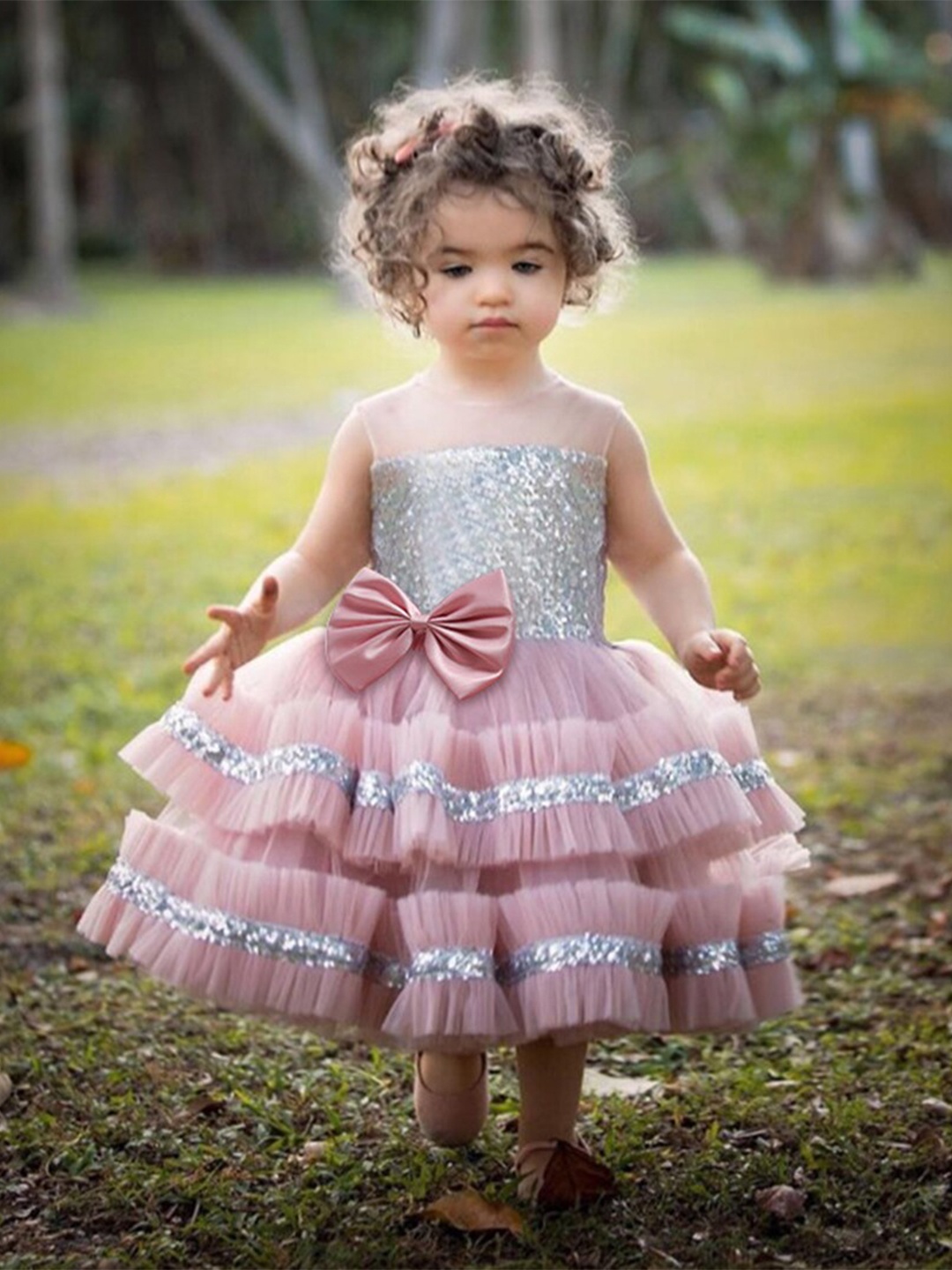

INCLUD Girls Embellished Round Neck Ruffled Net Fit & Flare Dress, Pink