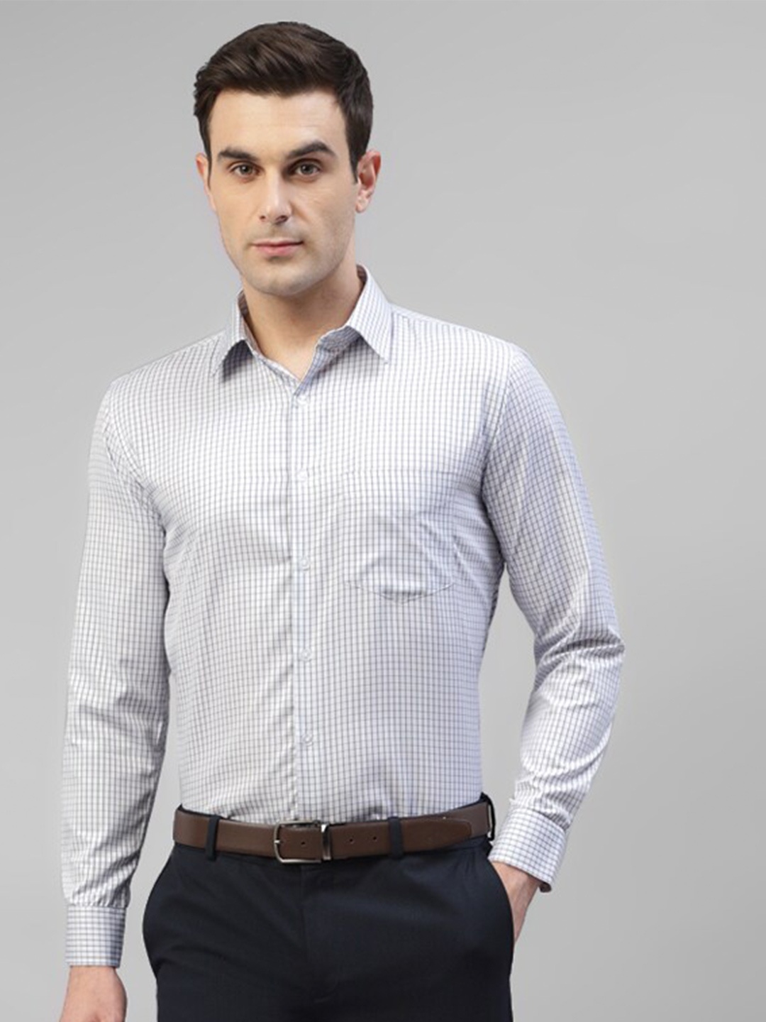 

English Navy Smart Slim Fit Micro Checks Spread Collar Long Sleeves Formal Shirt, White