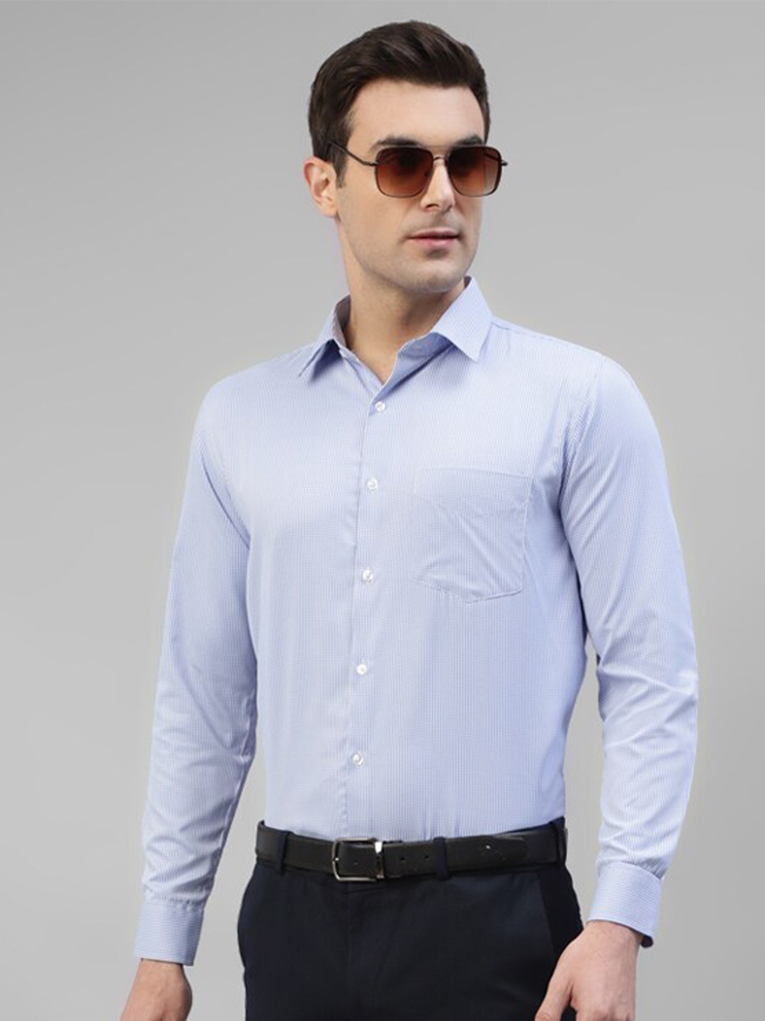 

English Navy Smart Slim Fit Micro Checks Spread Collar Long Sleeves Formal Shirt, Blue