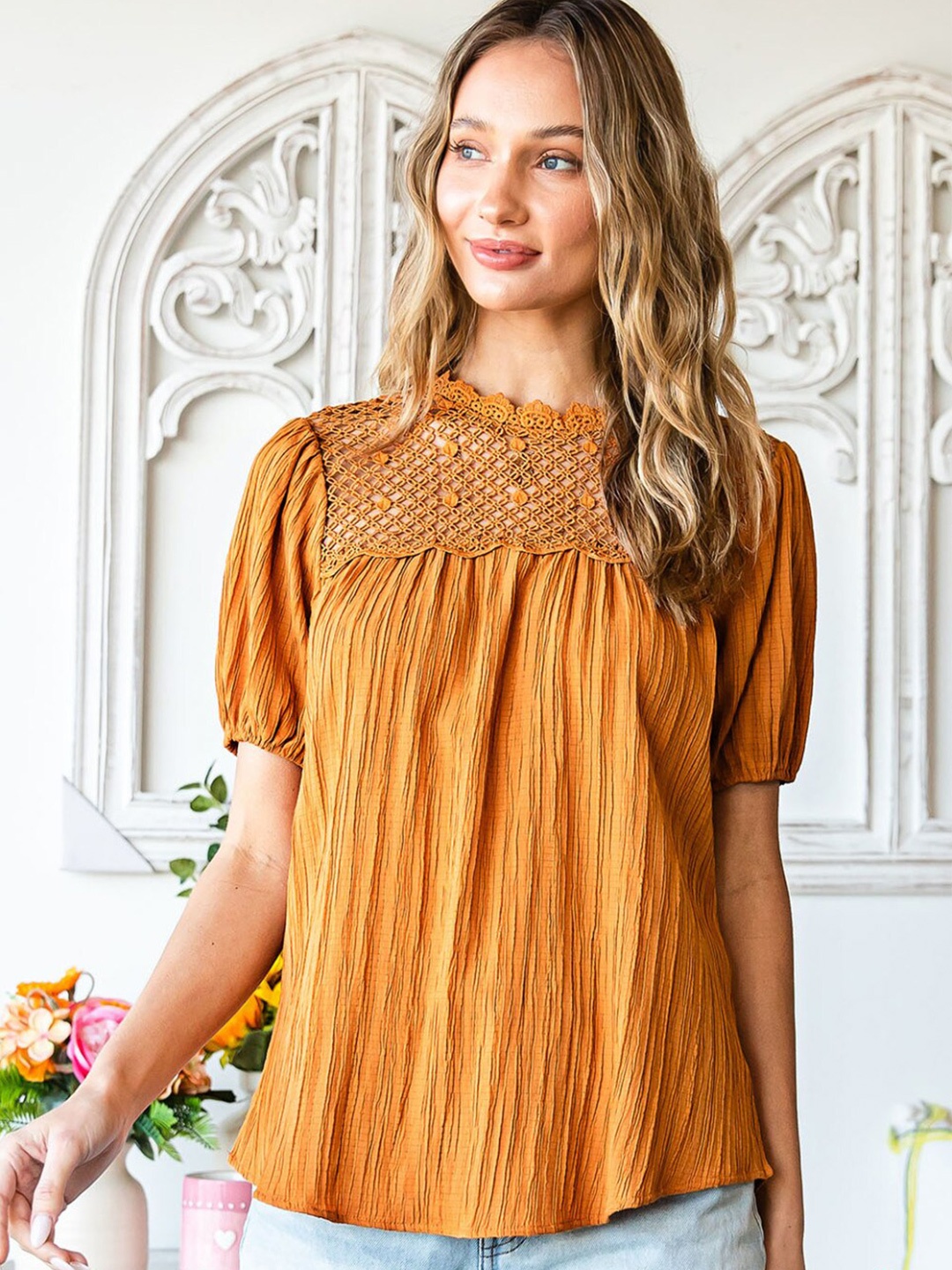 

StyleCast Orange Textured Crochet Puff Sleeve Top