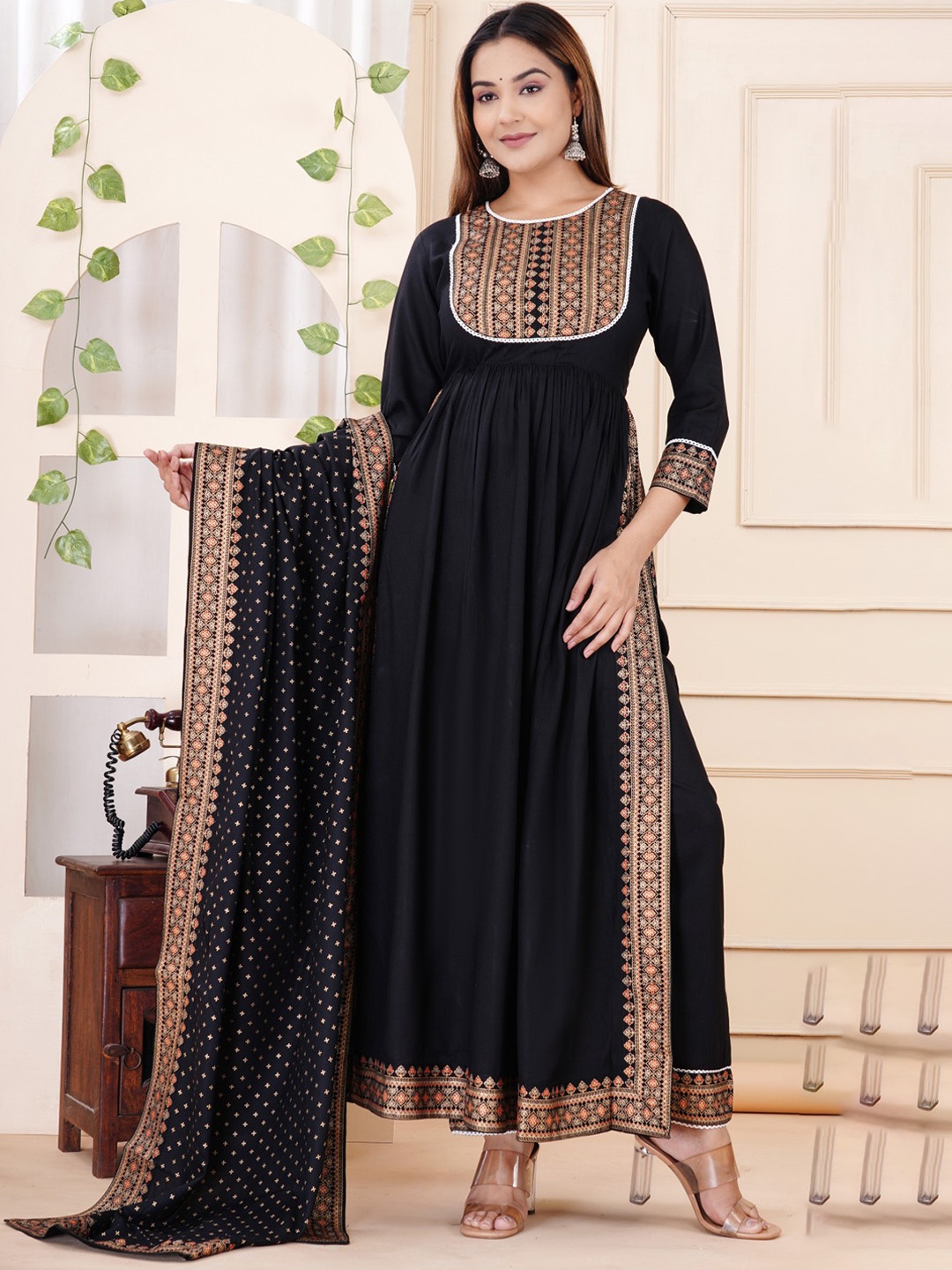 

DK FAB Floral Yoke Design Gotta Patti High Slit A-Line Kurta with Palazzos & Dupatta, Black