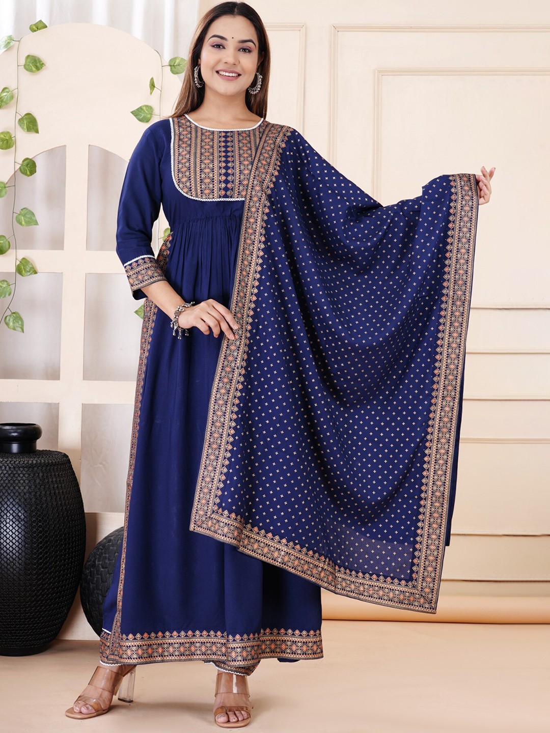 

DK FAB Floral Yoke Design Gotta Patti High Slit A-Line Kurta with Palazzos & Dupatta, Navy blue