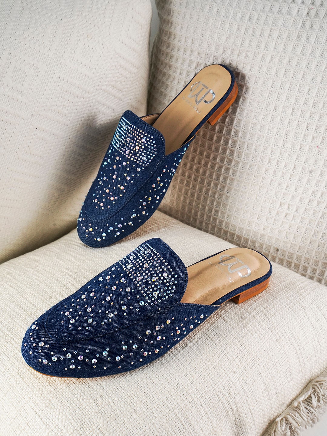 

THE WHITE POLE Embellished Fabric Mules, Navy blue