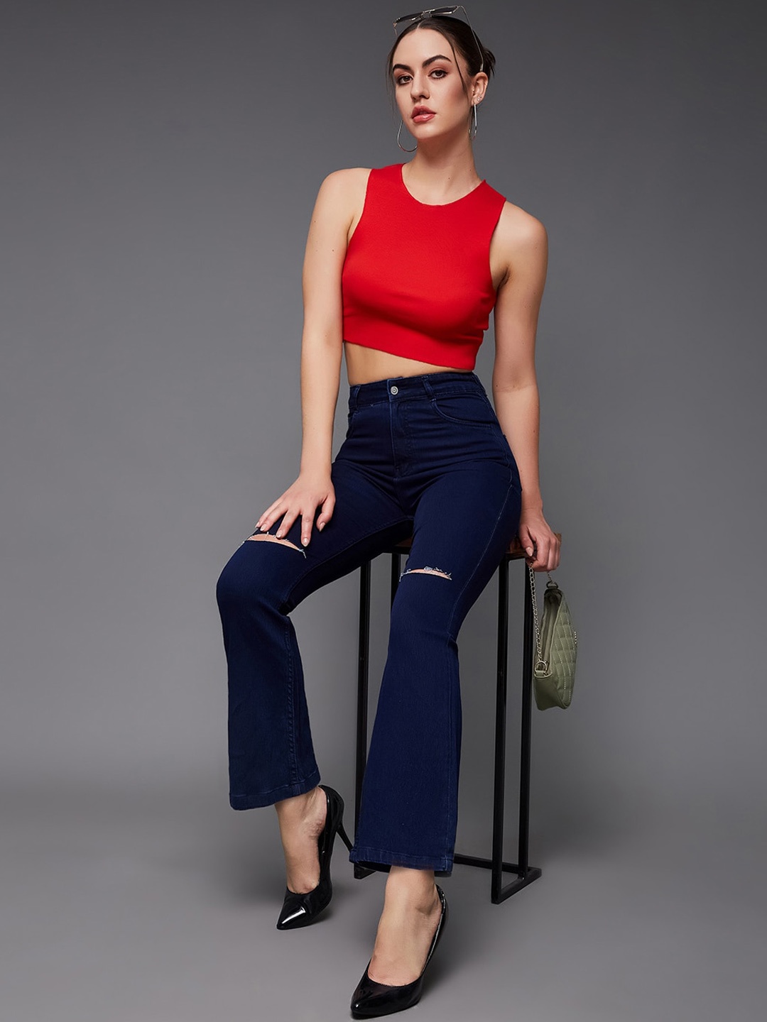 

Roadster Women Bootcut Fit Slash Knee Stretchable High Rise Jeans, Navy blue