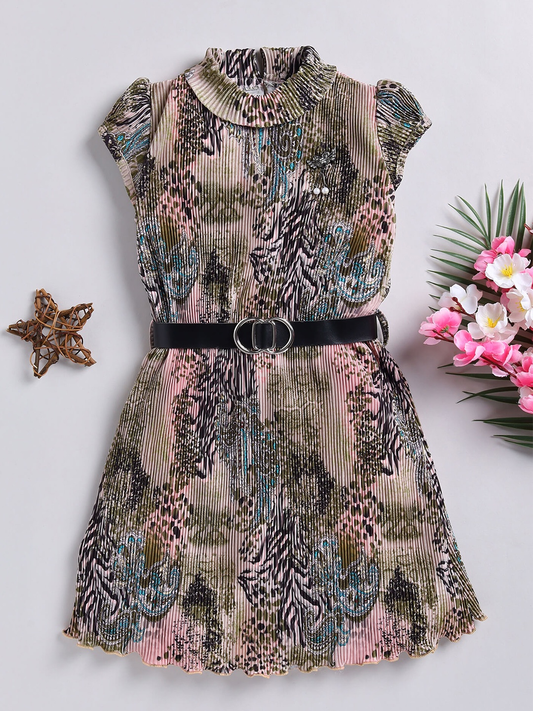 

Toonyport Girls Abstract Printed Cap Sleeves Fit & Flare Dress, Brown