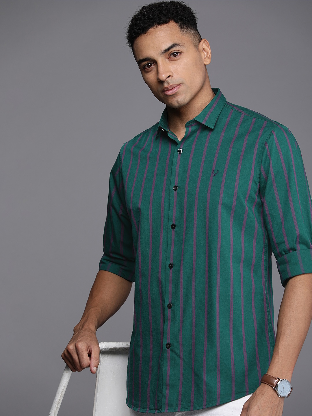 

Allen Solly Men Slim Fit Pure Cotton Striped Casual Shirt, Teal