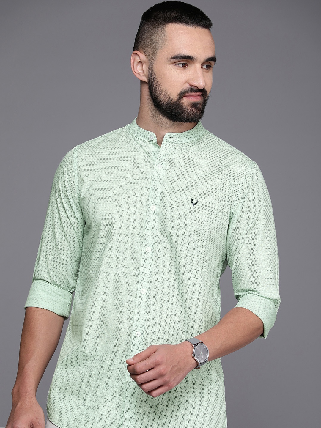 

Allen Solly Pure Cotton Modern Slim Fit Geometric Printed Casual Shirt, Green