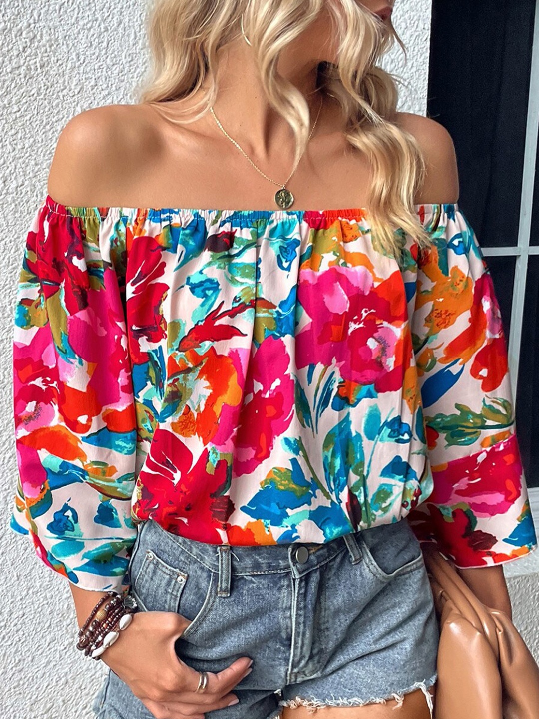 

StyleCast White Floral Print Off-Shoulder Flared Sleeves Top