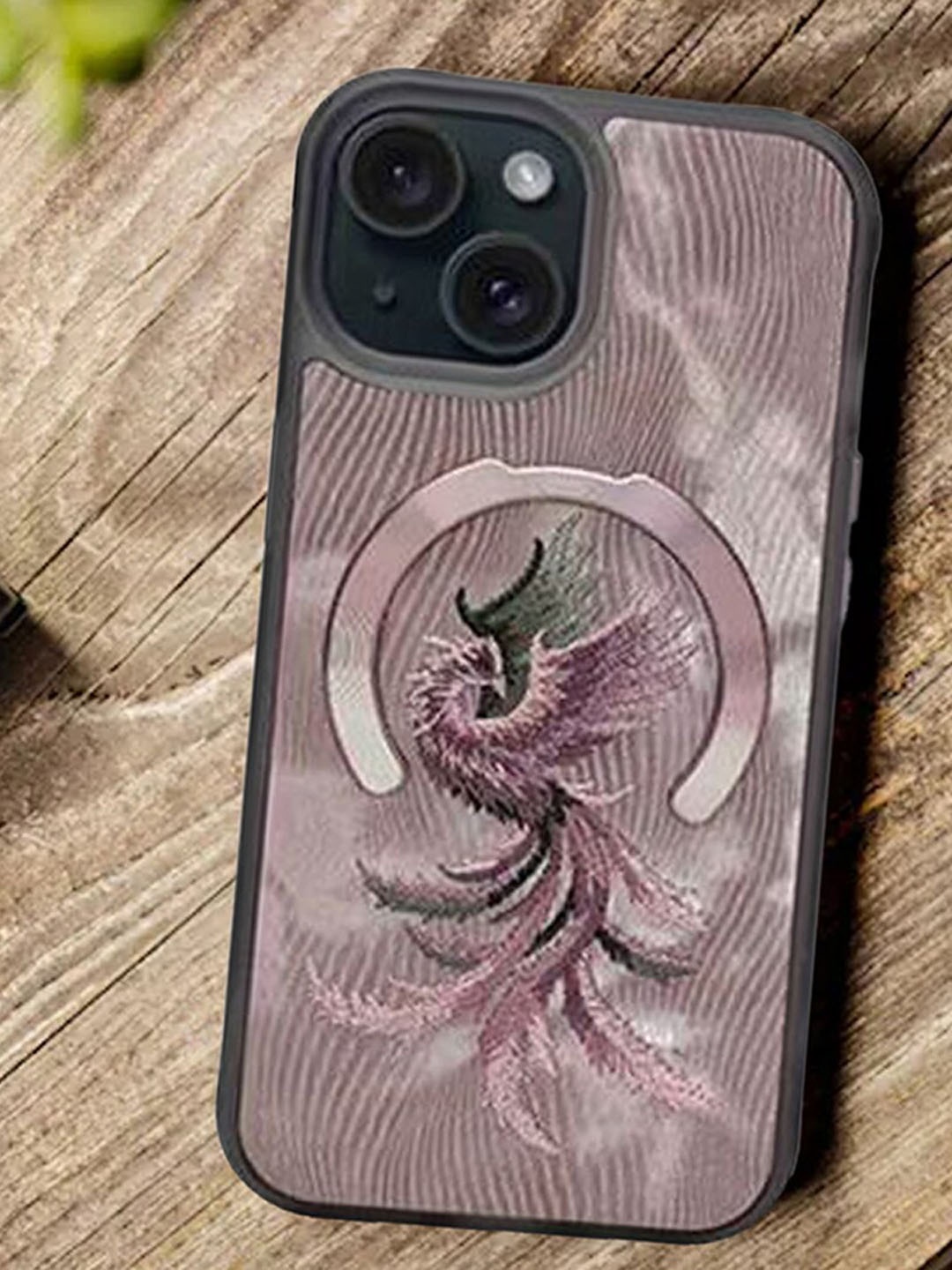 

TREEMODA Embroidered iPhone 15 Leather Mobile Back Case, Pink