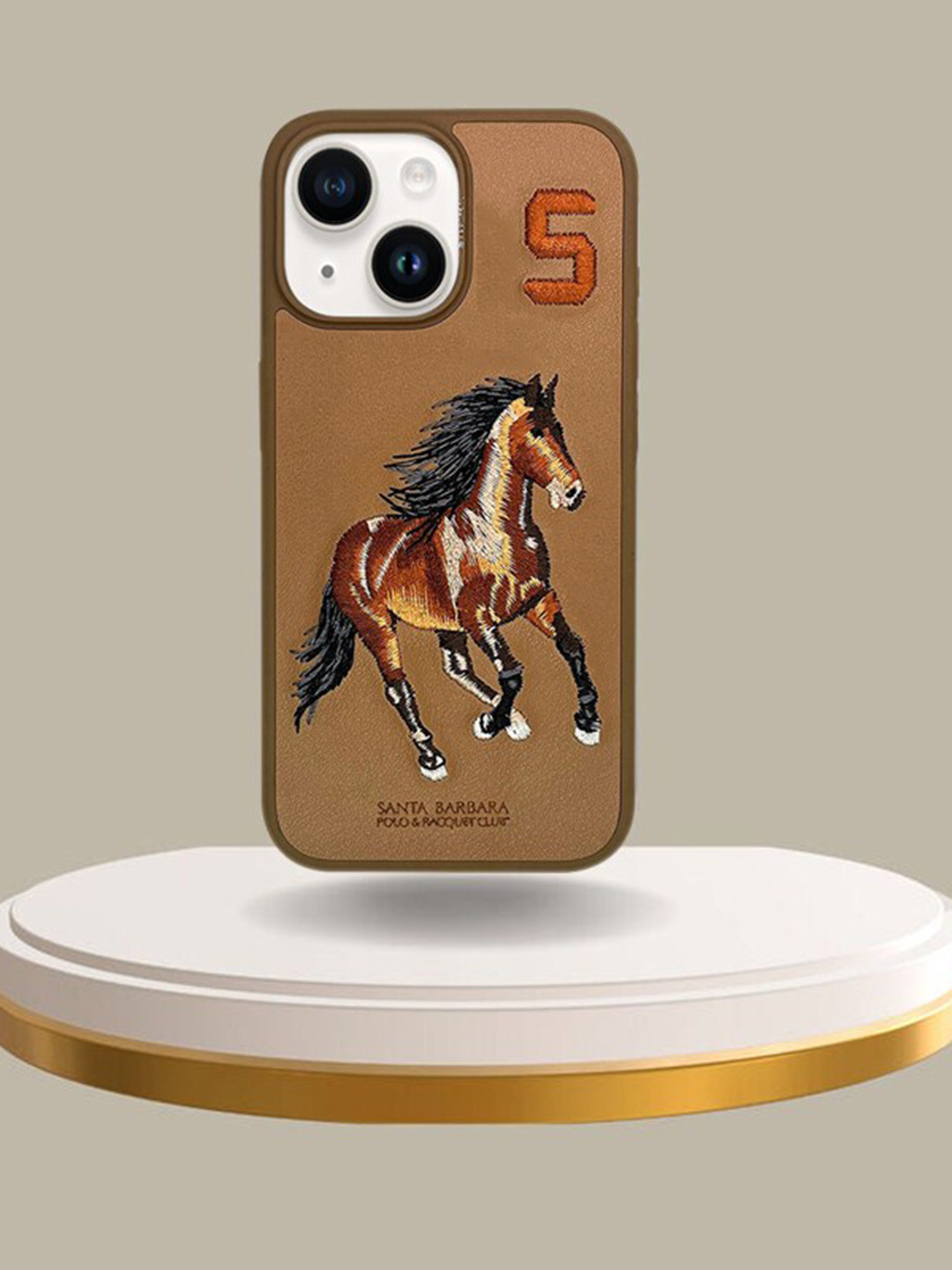 

TREEMODA Horse Embroidered iPhone 15 Leather Mobile Back Case, Brown