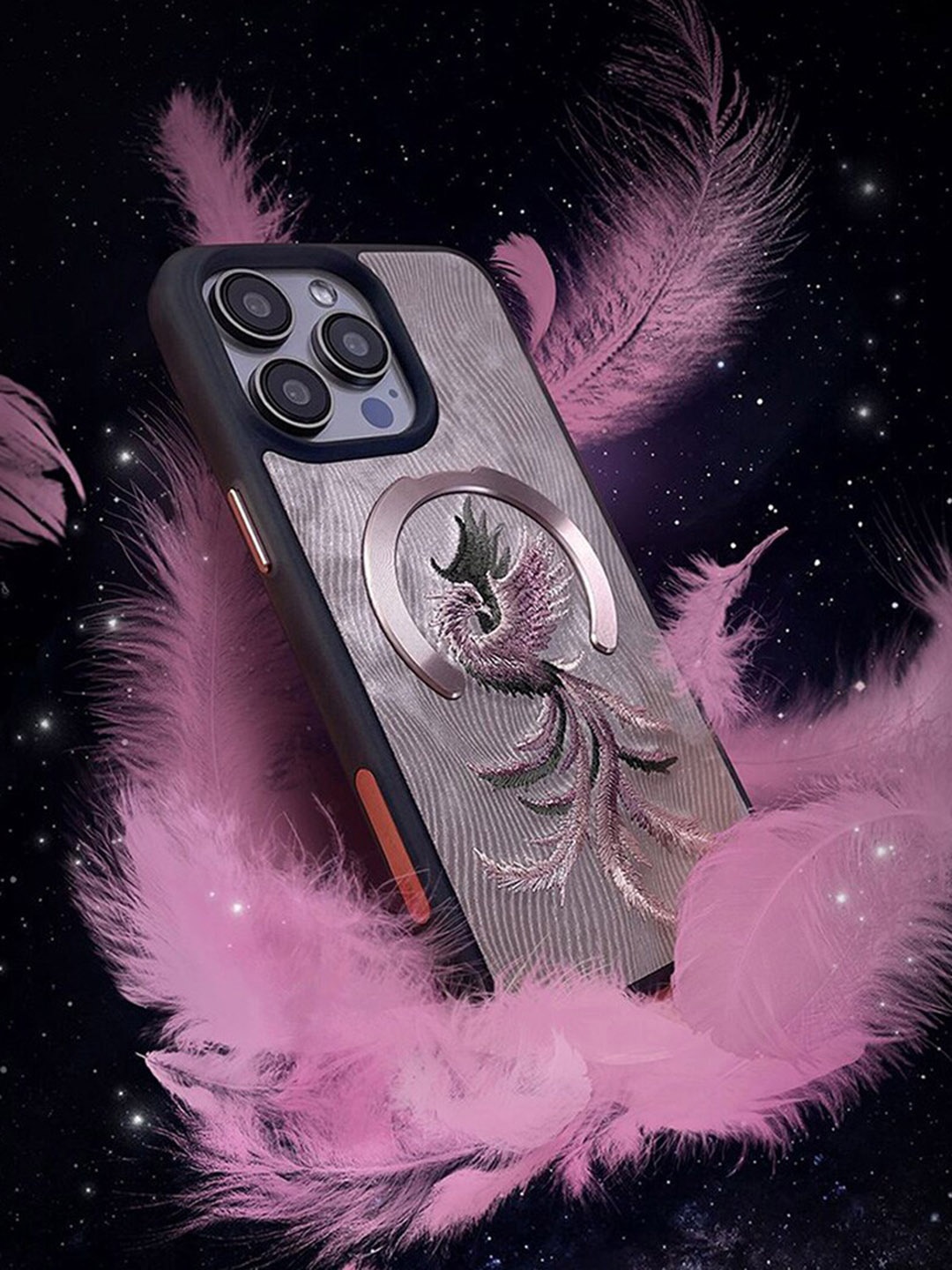 

TREEMODA Phoenix Embroidered iPhone 15 Pro Leather Mobile Back Case, Pink