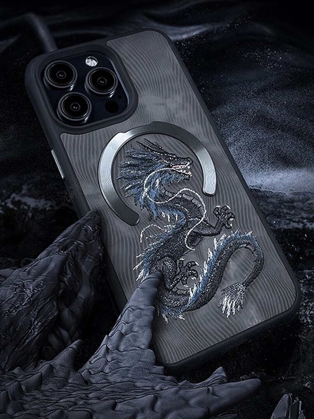 

TREEMODA Embroidered iPhone 15 Pro Max Leather Mobile Back Case, Grey