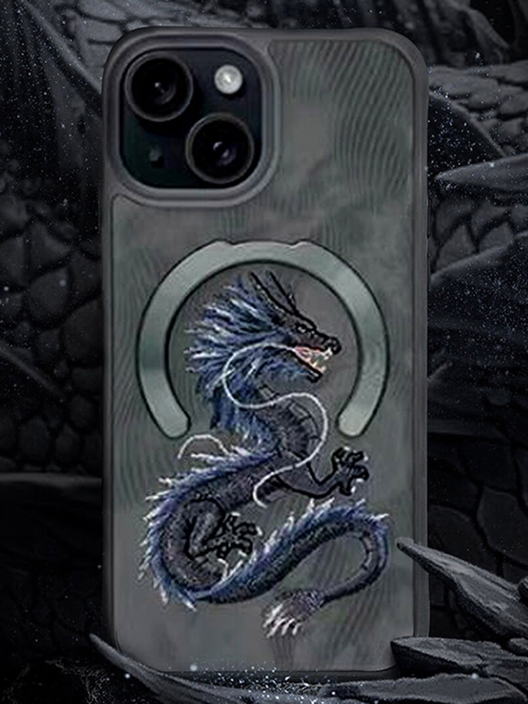 

TREEMODA Dragon Embroidered iPhone 15 Leather Mobile Back Case, Grey