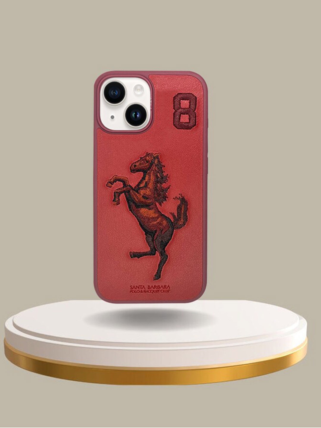 

TREEMODA Horse Embroidered iPhone 15 Leather Mobile Back Case, Red