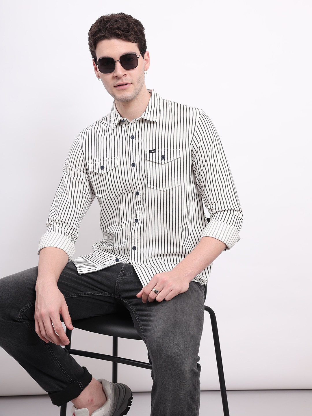 

Lee Spread Collar Striped Classic Twill Pure Cotton Shirt, White