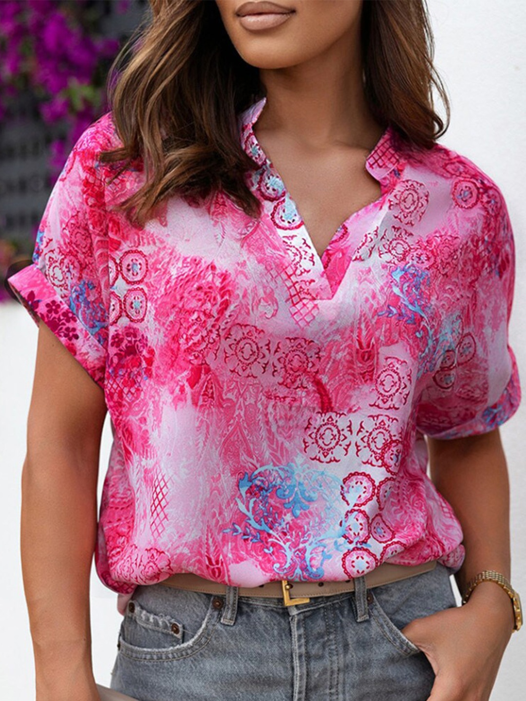 

StyleCast Pink Floral Printed Mandarin Collar Extended Sleeves Top