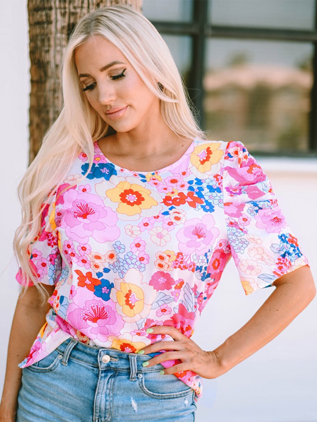 

StyleCast White Floral Printed Puff Sleeves Top