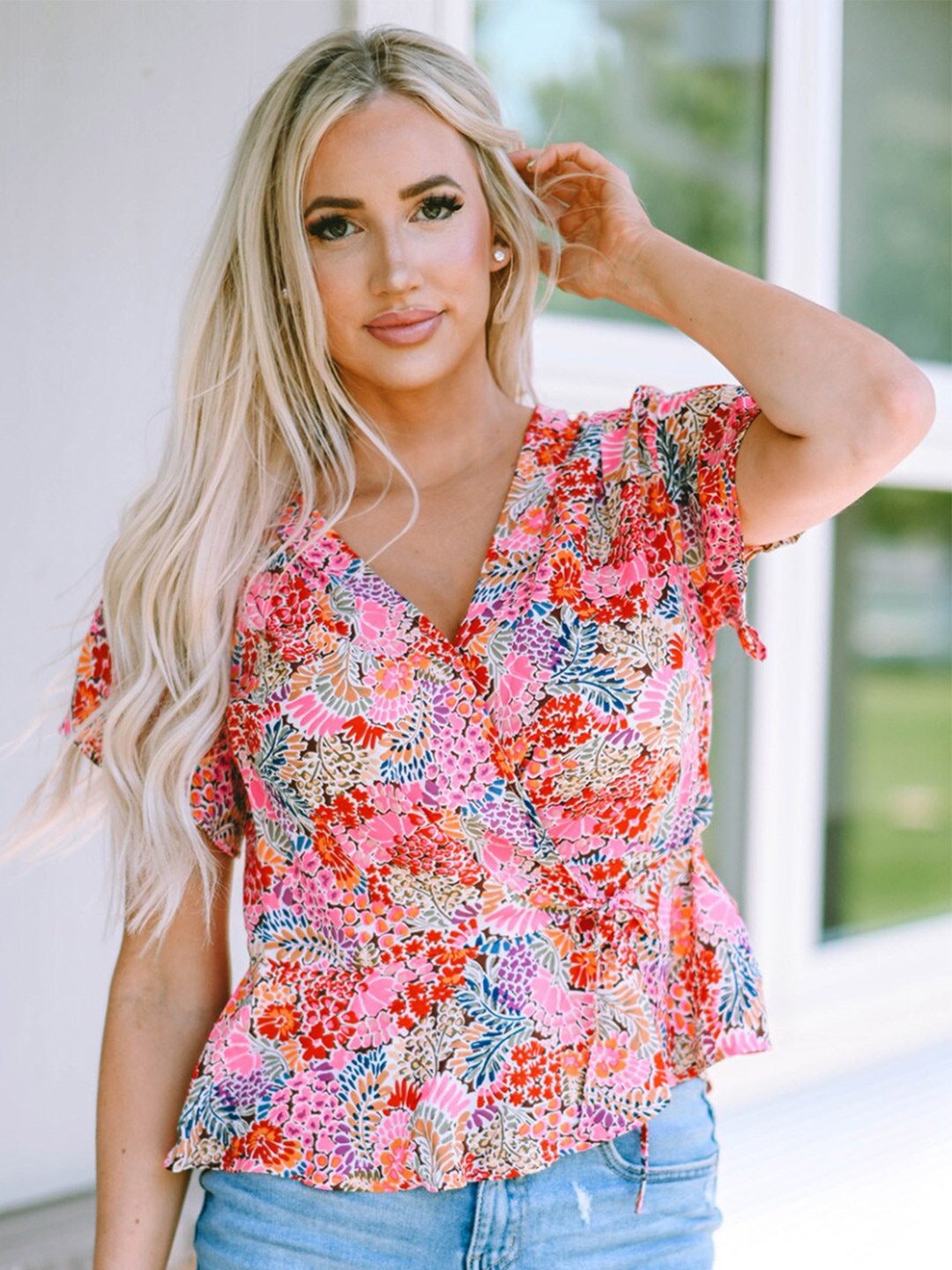 

StyleCast Pink & Red Floral Printed Peplum Top