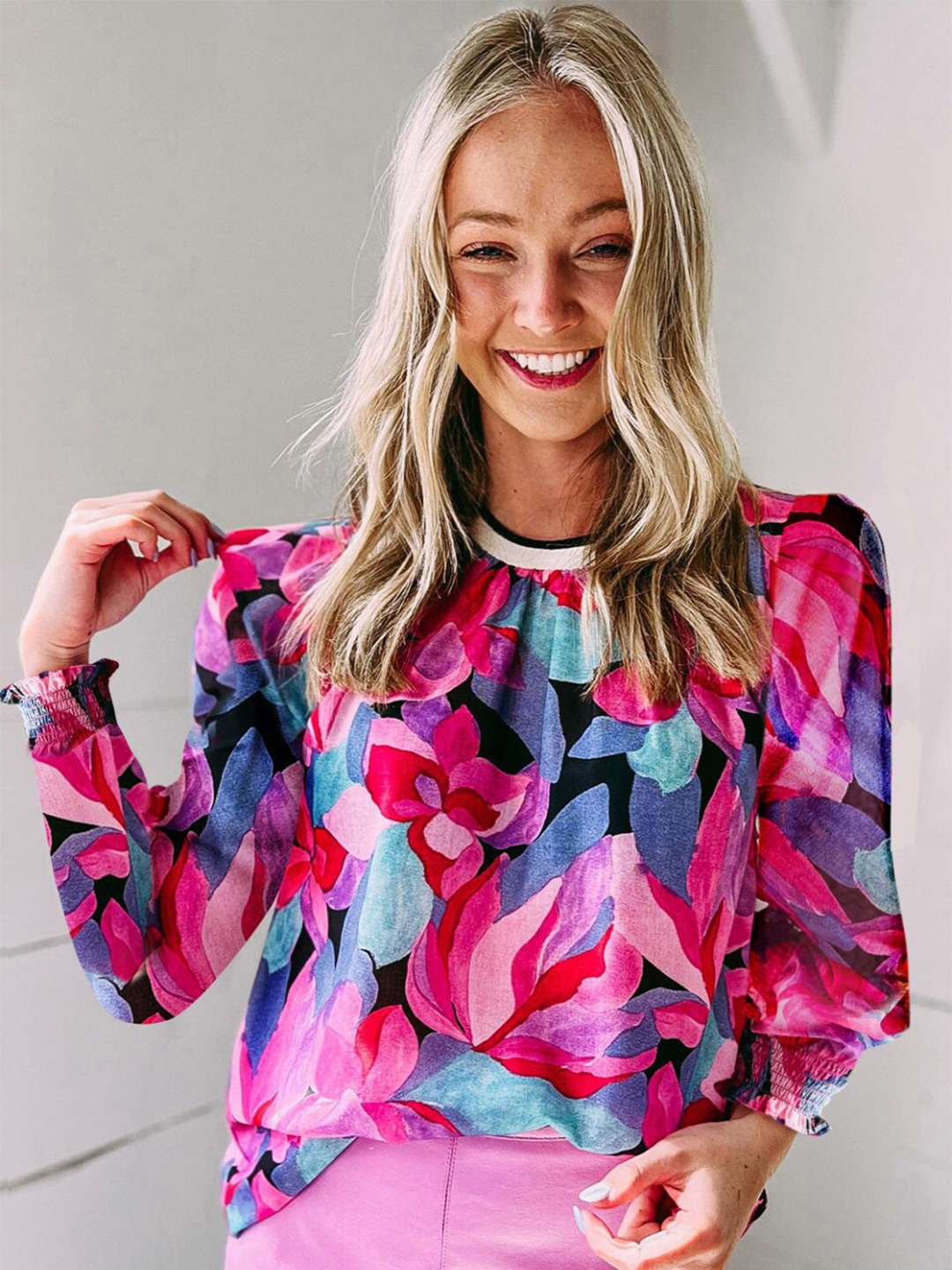 

StyleCast Pink & Blue Floral Printed High Neck Puffed Sleeves Top