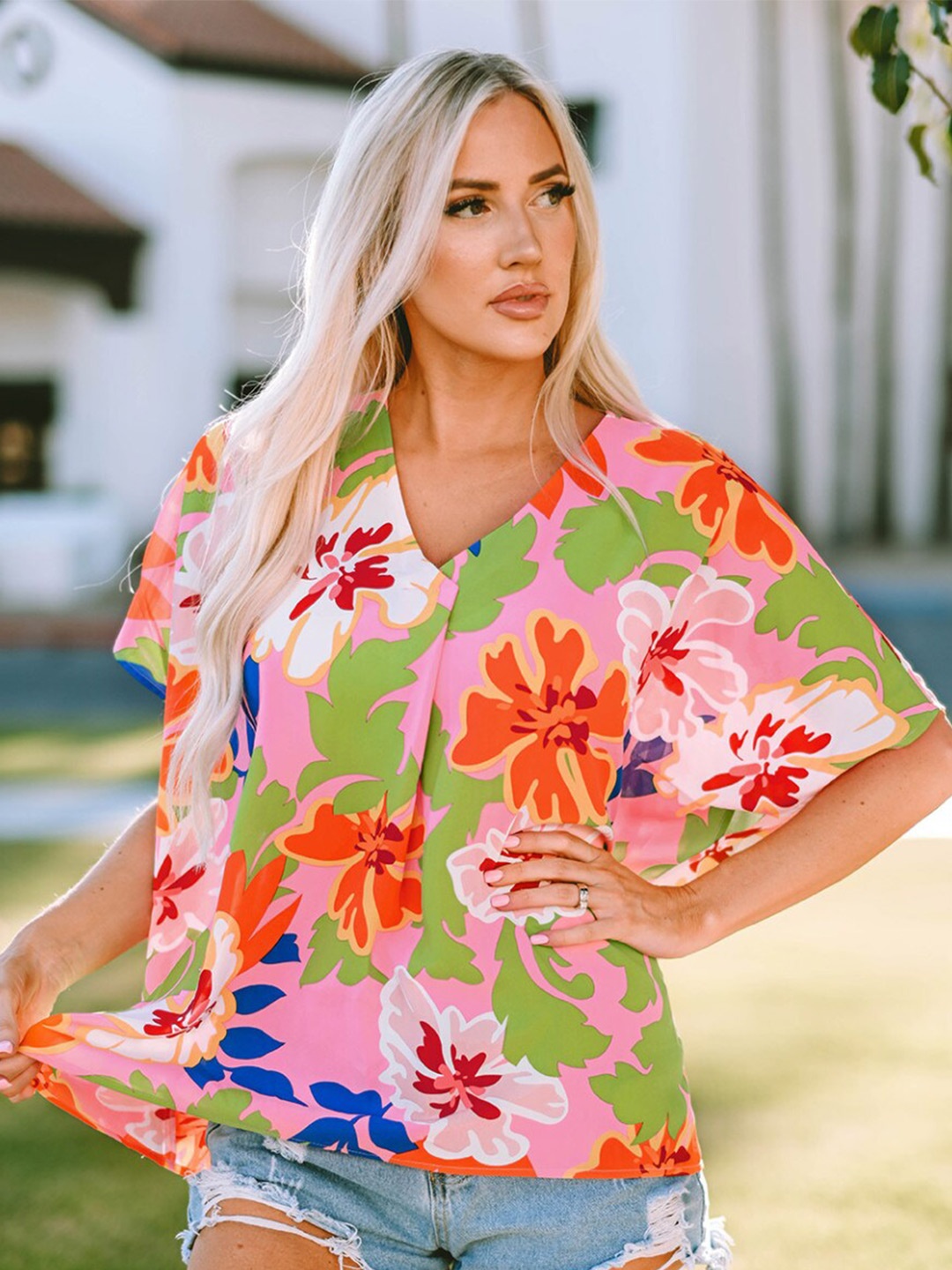 

StyleCast Pink Floral Print V-Neck Flared Sleeves Top