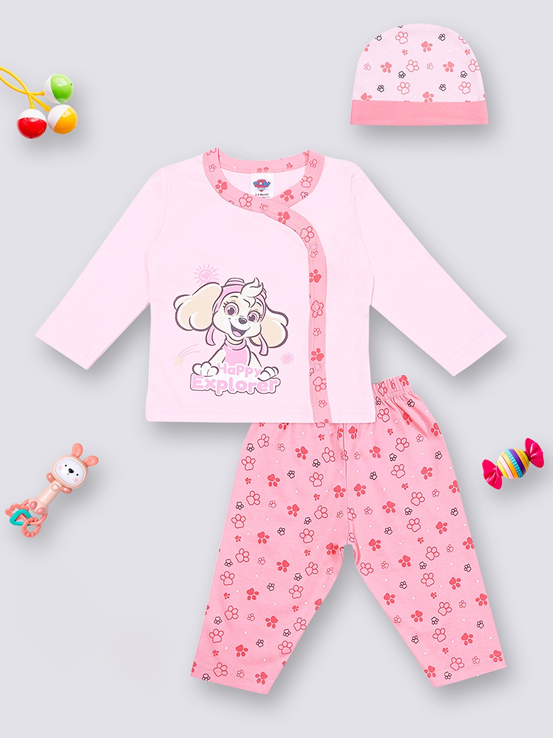 

Moms Love Girls Printed Pure Cotton Top & Trousers With Cap, Pink