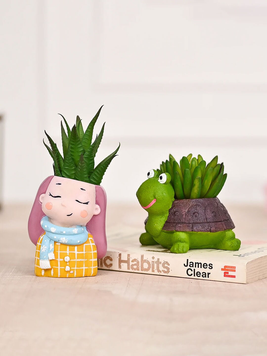 

DecorTwist 2-Pcs Green & Orange Coloured Tortoise & Dreaming Girl Patterned Planters
