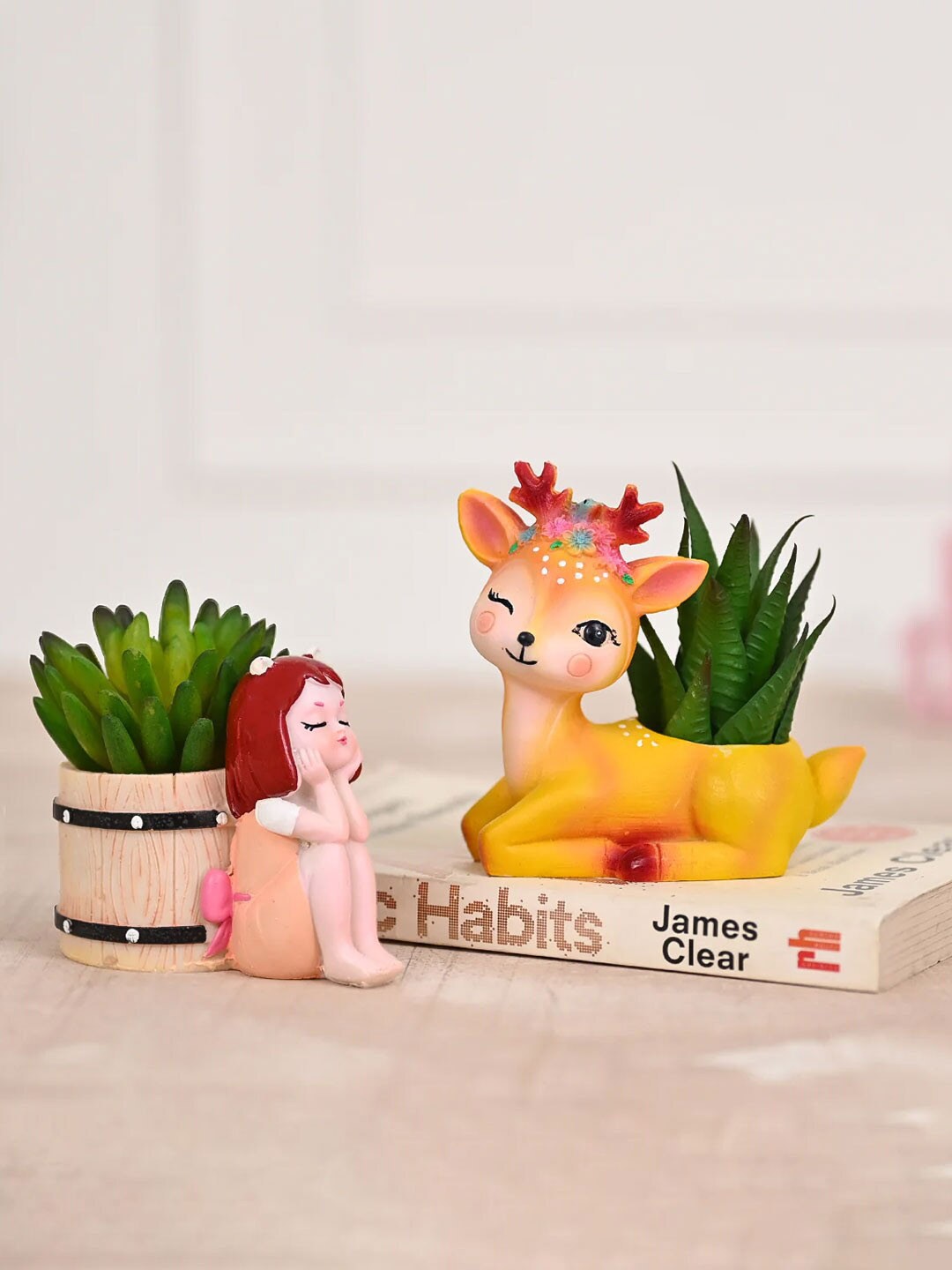 

DecorTwist 2-Pcs Yellow & Beige Deer & Girl Shaped Resin Planters