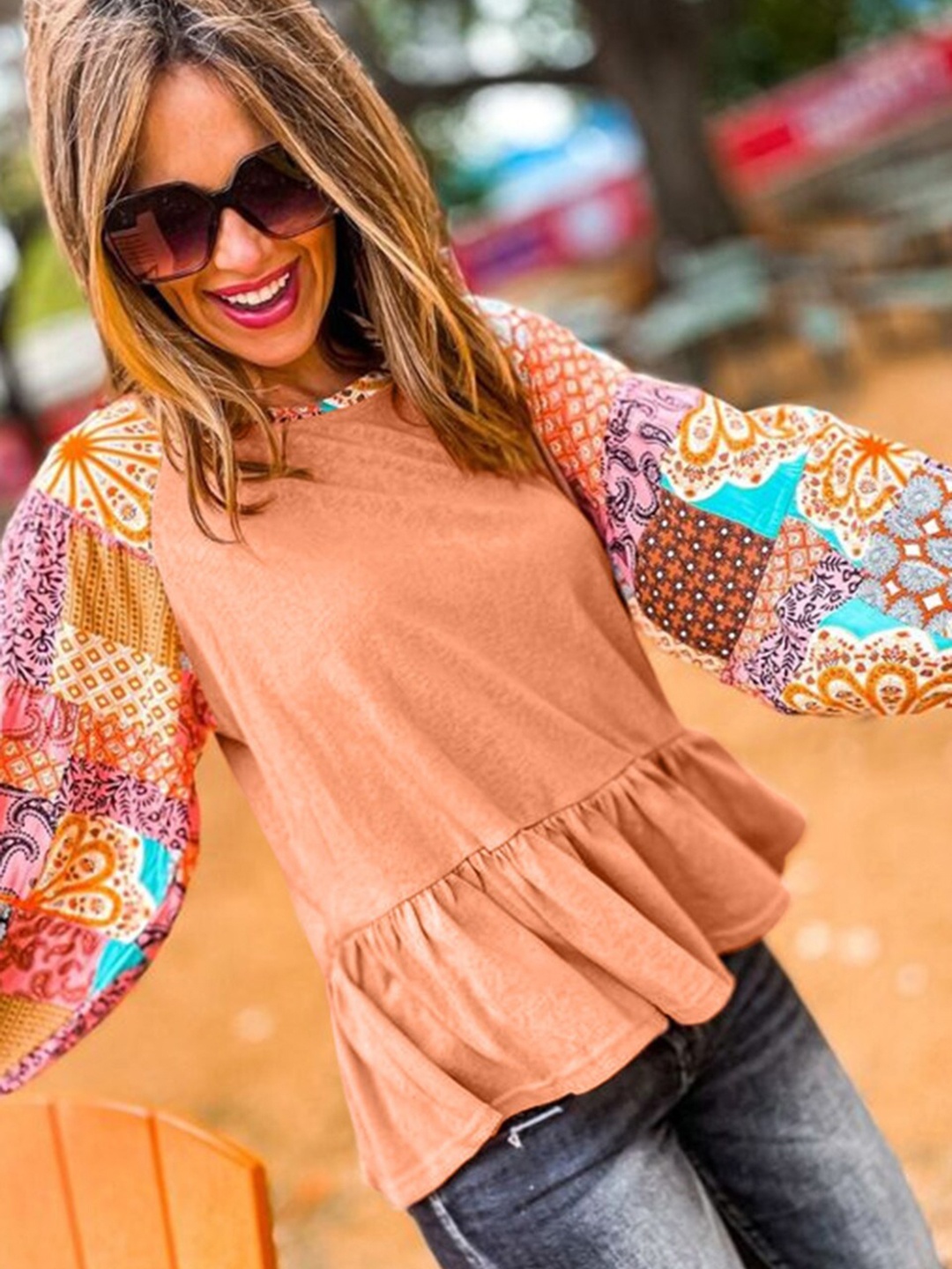 

StyleCast Orange Boho Paisley Mix Print Raglan Sleeve Ruffled Top