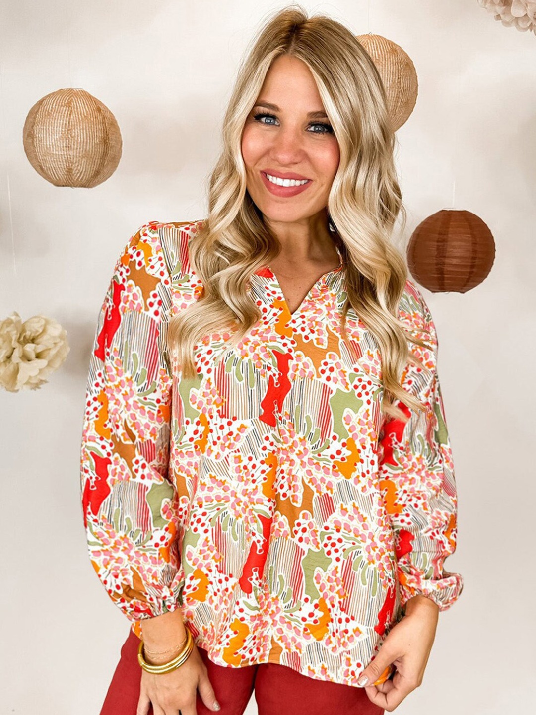 

StyleCast Orange & Green Floral Printed Mandarin Collar Puff Sleeve Top