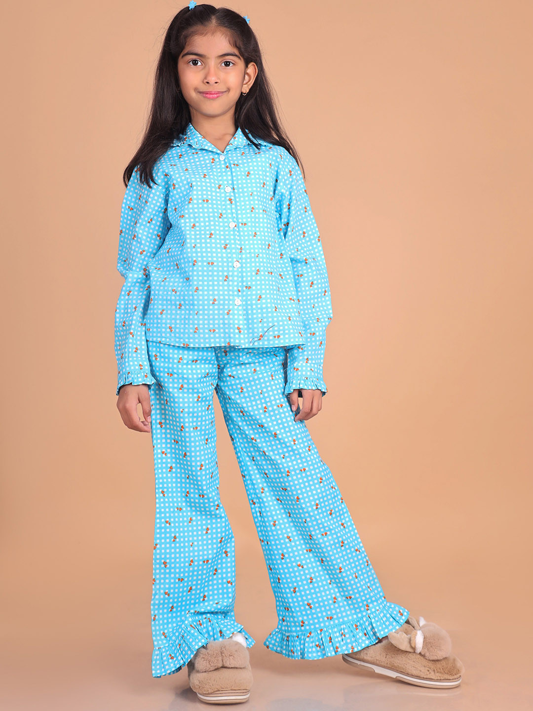 

BAESD Girls Geometric Printed Long Sleeves Pure Cotton Shirt With Pyjamas, Blue