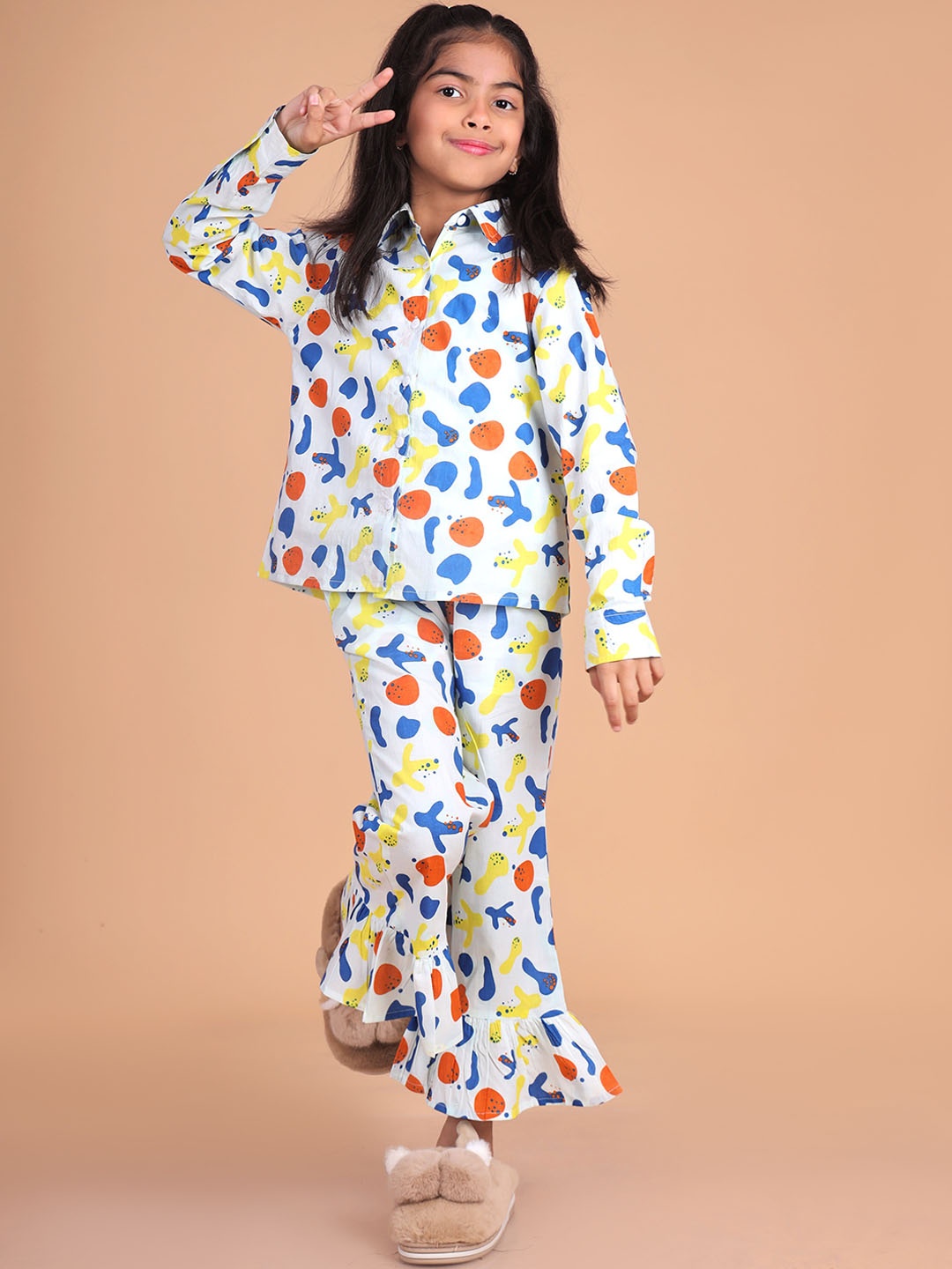 

BAESD Girls Abstract Printed Long Sleeves Pure Cotton Shirt With Pyjamas, White
