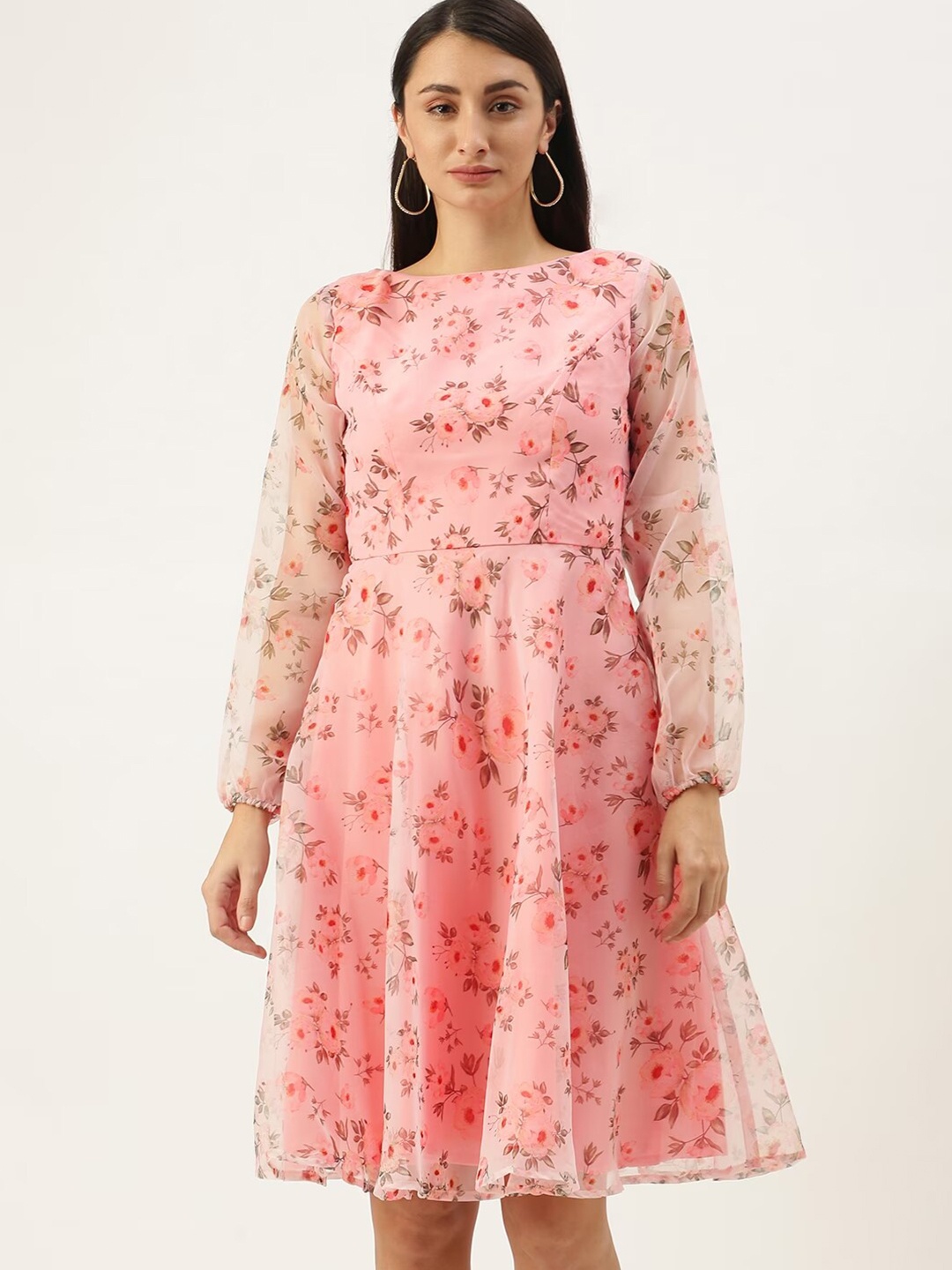 

Ethnovog Floral Printed Boat Neck Fit & Flare Knee Length Dress, Pink