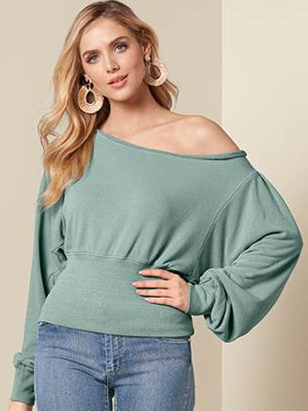 

StyleCast Green One Shoulder Cuffed Sleeves Cinched Waist Top