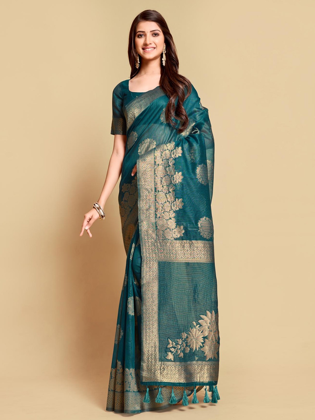

Dori Floral Woven Design Linen Blend Saree With Tassels, Turquoise blue