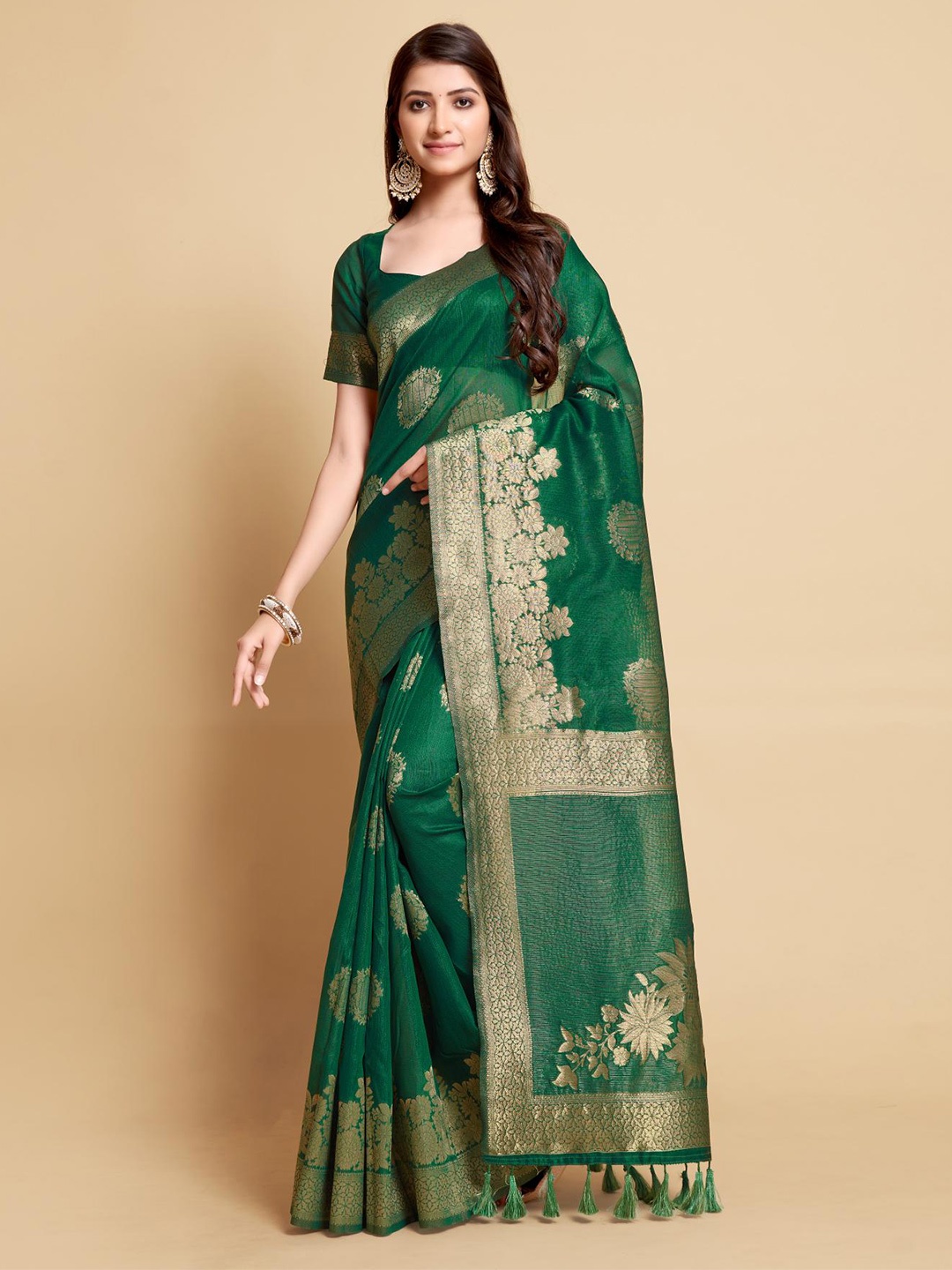 

Dori Floral Woven Design Linen Blend Saree With Tassels, Green