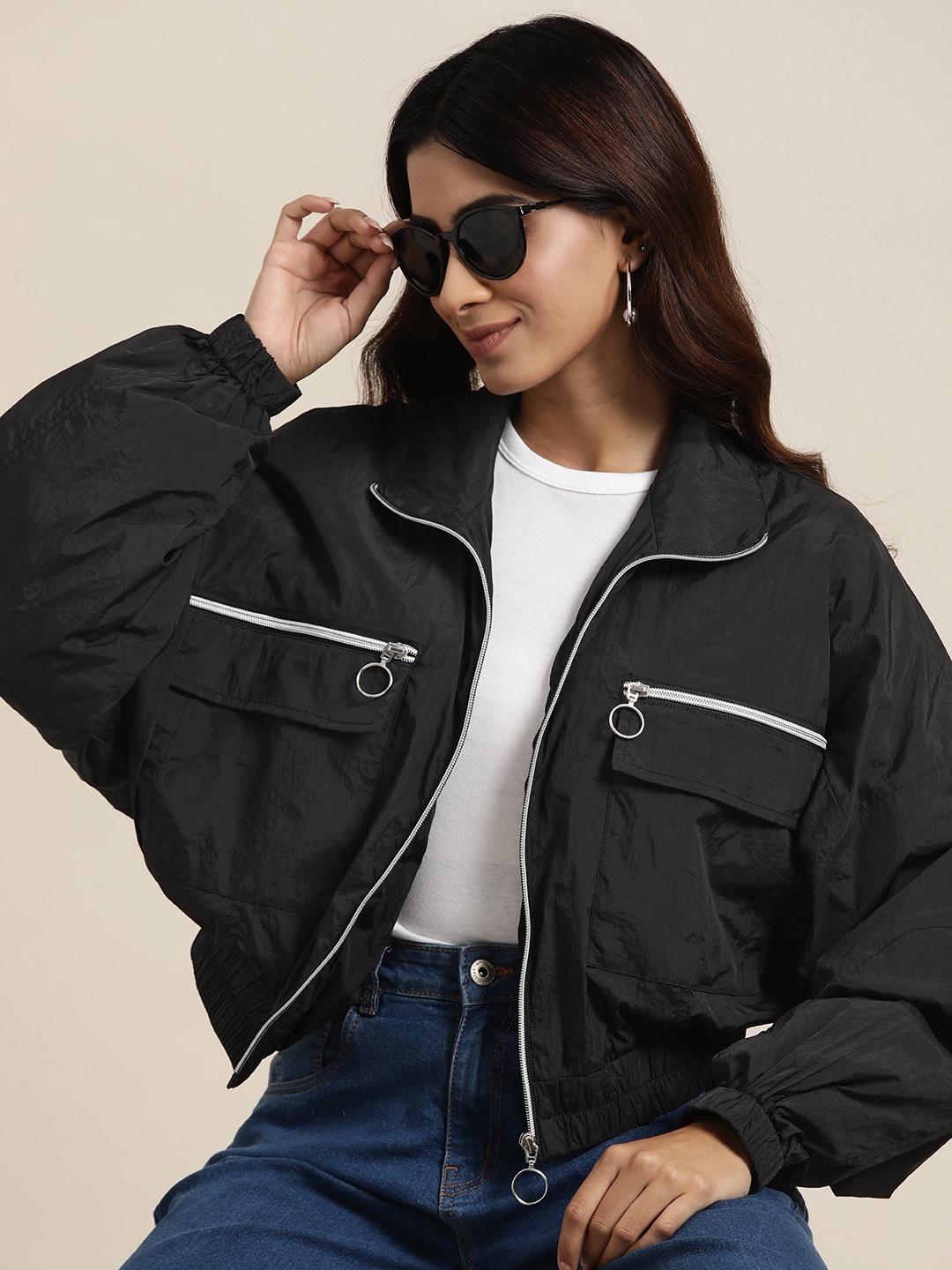 

HERE&NOW Women Solid Sporty Jacket, Black