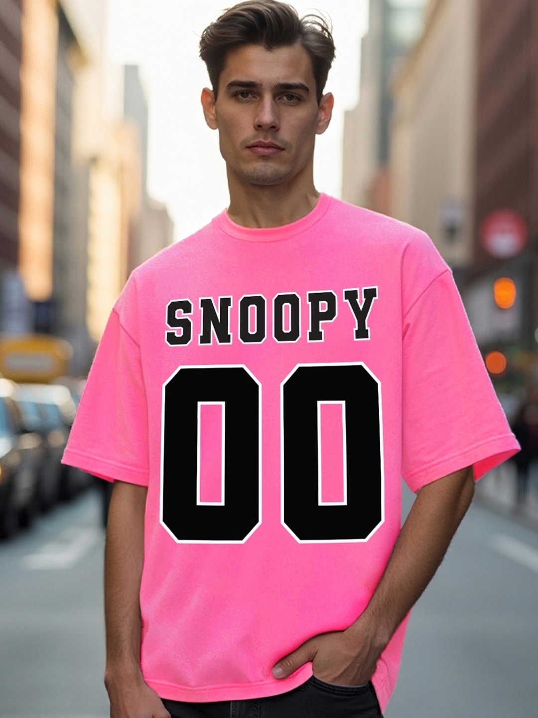 

Bewakoof Pink Snoopy Printed Pure Cotton Oversized T-shirt