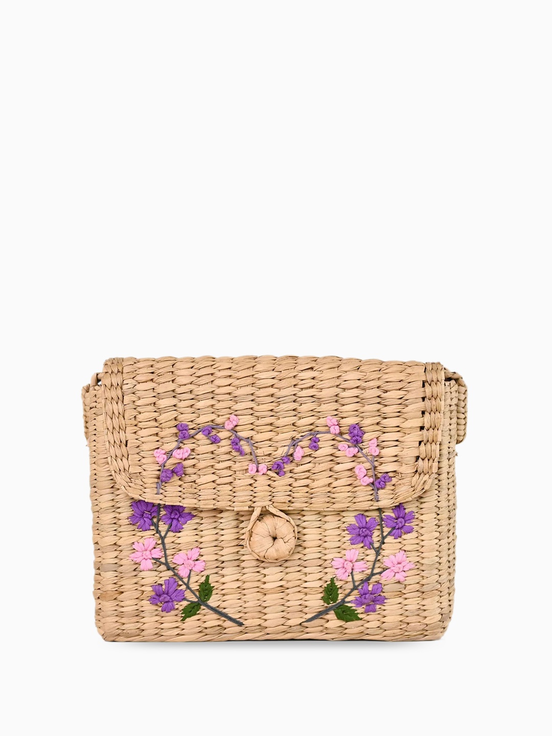 

DecorTwist Embroidered Structured Jute Sling Bag, Beige