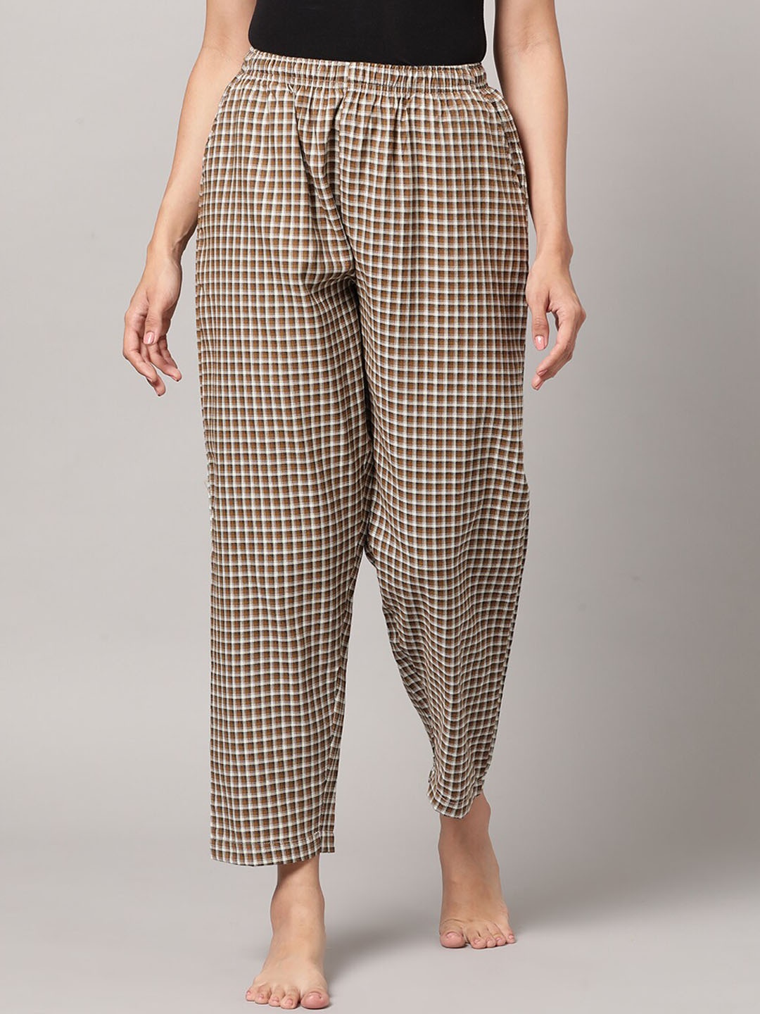 

Kryptic Women Checked Pure Cotton Lounge Pants, Brown