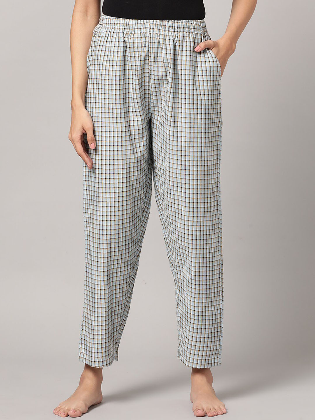 

Kryptic Women Checked Pure Cotton Lounge Pants, Blue