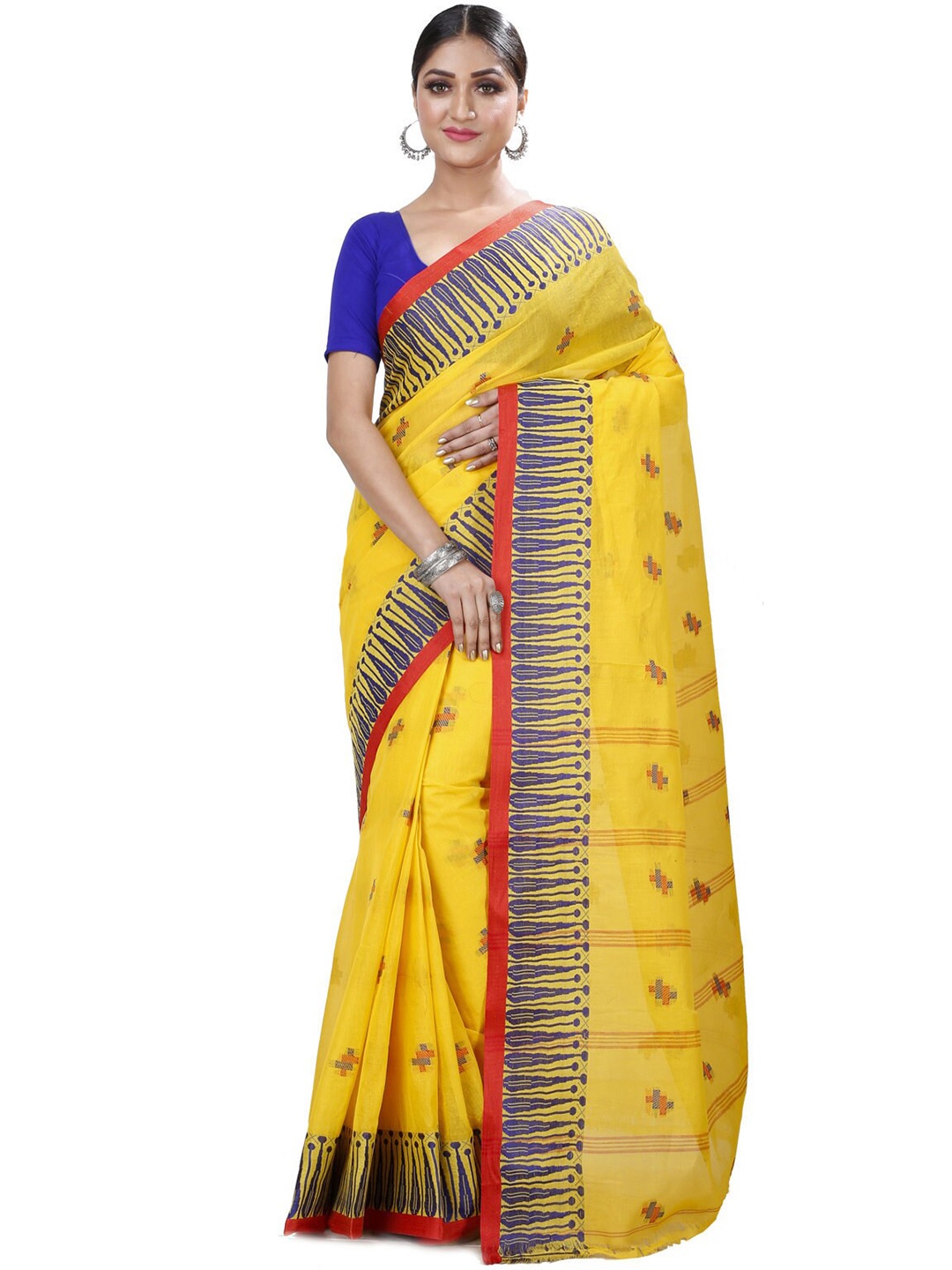 

PuJoy Geometric Woven Design Pure Cotton Simar Bengali Taant Saree, Yellow