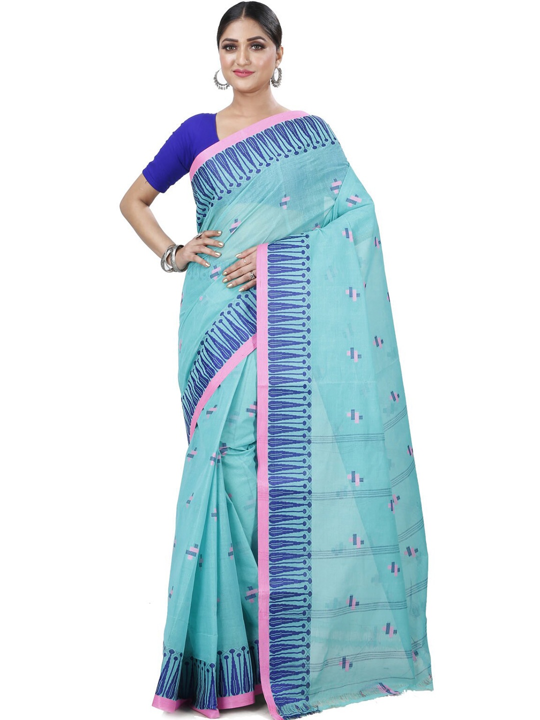 

PuJoy Geometric Woven Design Pure Cotton Simar Bengali Taant Saree, Green