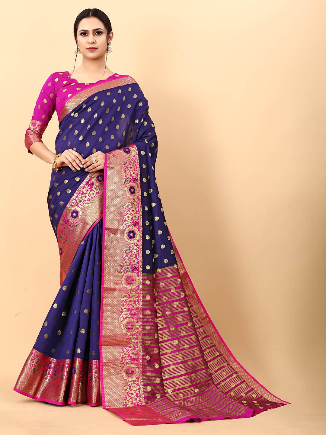 

NIWAA Ethnic Motifs Woven Design Zari Banarasi Saree, Navy blue