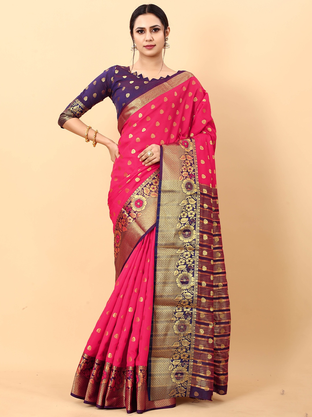 

NIWAA Ethnic Motifs Woven Design Zari Banarasi Saree, Pink