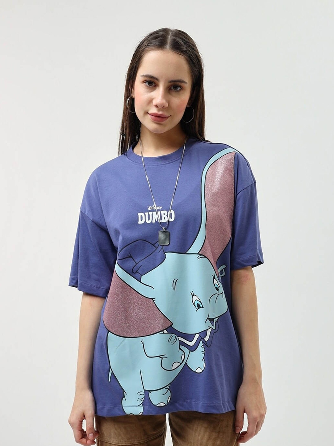 

Bewakoof Blue Dumbo Printed Drop-Shoulder Sleeves Pure Cotton Oversized T-shirt