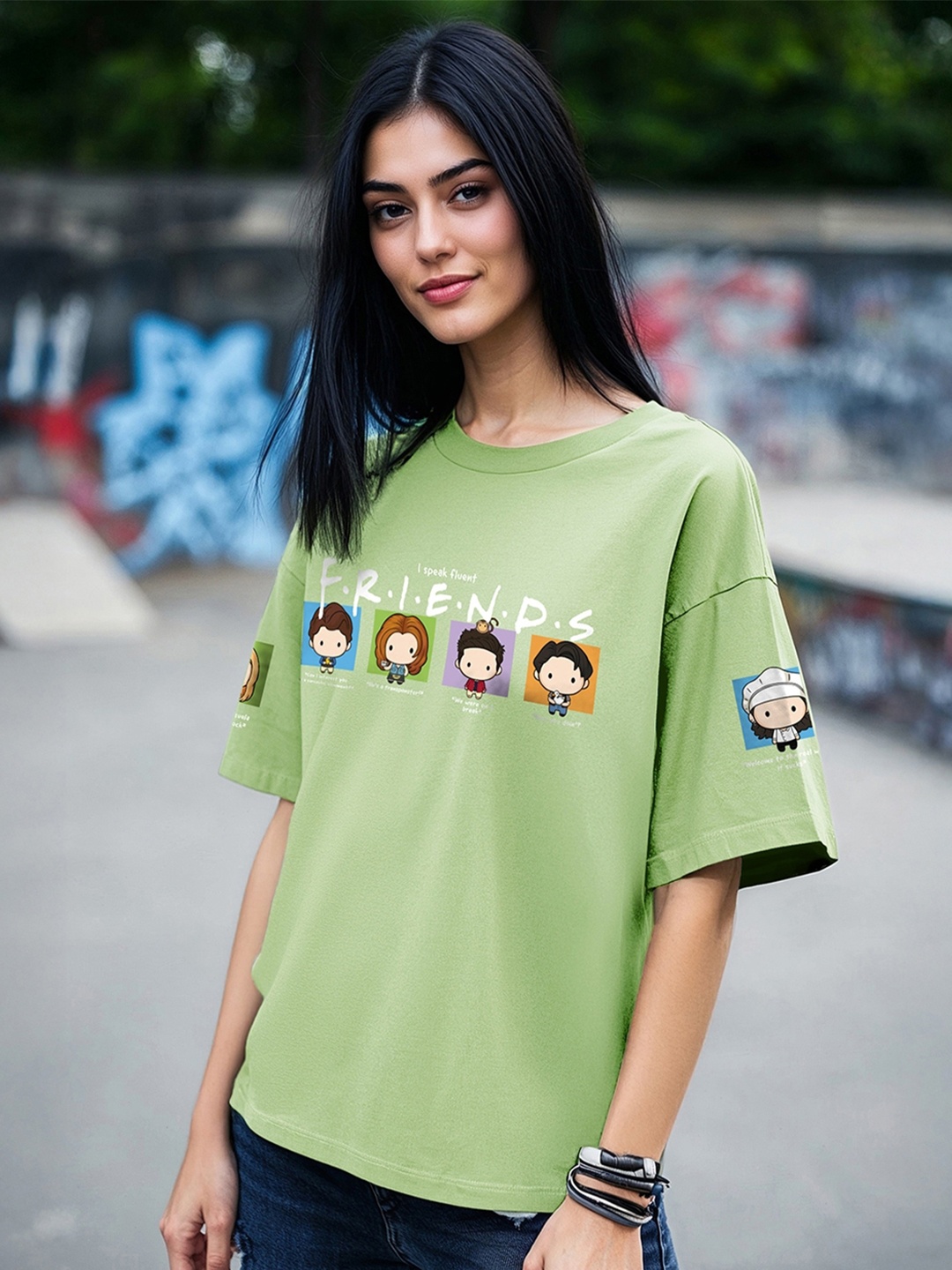 

Bewakoof Green Friends Printed Drop Shoulder Sleeves Pure Cotton Oversized T-shirt