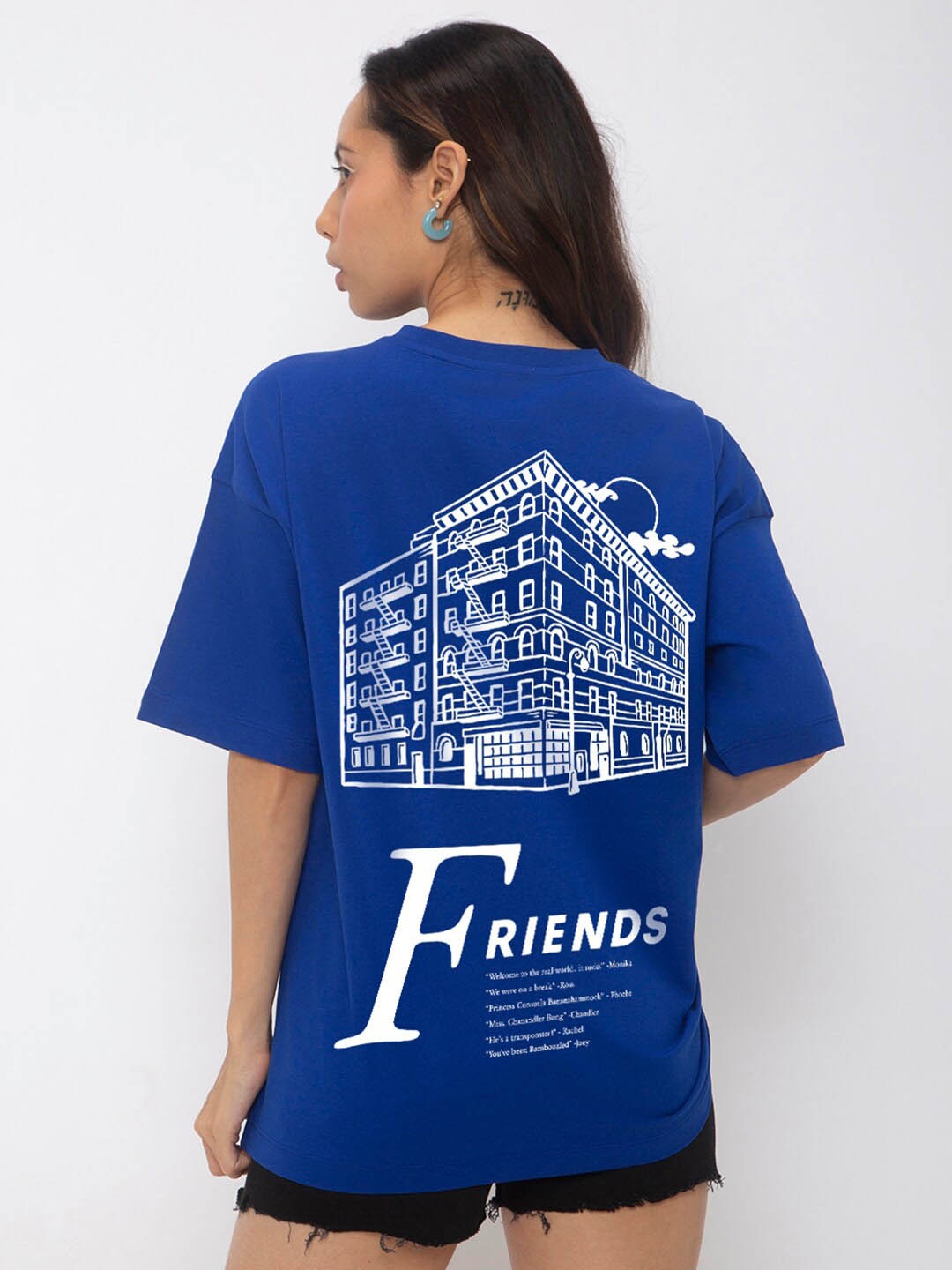 

Bewakoof Blue Friends Printed Drop Shoulder Sleeves Pure Cotton Oversized T-shirt